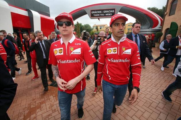 Spanish Formula One driver Marc Gene (R) and Finnish Kimi Raikkonen (L) of Ferrari team during a visit to the Ferrari Land facilities at Port Aventura Park, in Tarragona, Catalonia, northeast Spain 11 May of 2017. The 2017 Formula One Grand Prix of Spain will take place on 14 May 2017 at the Circuit de Barcelona-Catalunya. FERRARI DRIVERS VISIT PORT AVENTURA PARK !ACHTUNG: NUR REDAKTIONELLE NUTZUNG!  Copyright: xJAUMExSELLARTx 20170511-636301208034122852