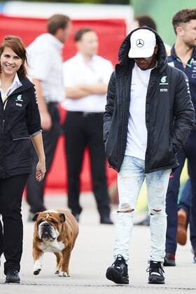 British Formula One driver Lewis Hamilton of Mercedes (L) walks with his dog Roscoe ahead a press conference PK Pressekonferenz at the the Formula One Grand Prix of Spain, in Montmelo, Catalonia, Spain 11 May of 2017. The 2017 Formula One Grand Prix of Spain will take place on 14 May 2017 at the Circuit de Barcelona-Catalunya. Press Conference !ACHTUNG: NUR REDAKTIONELLE NUTZUNG!  Copyright: xALEJANDROxGARCIAx 20170511-636301239342114139