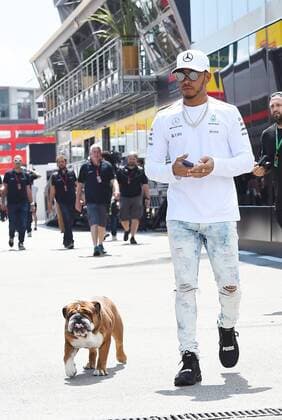 Lewis Hamilton mit Bulldogge Roscoe, Grosser Preis von Spanien 2017, 1. Vorbereitungen, Motorsport, Formel 1, 11.05.2017, Barcelona Copyright: xAndre Eibner-Pressefotox EP_JAE