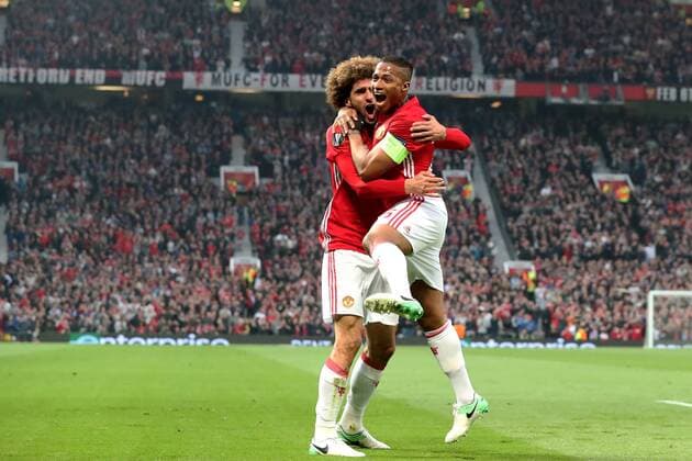 Football - 2016 2017 UEFA Europa League - Semi-Final, Second Leg: Manchester United ManU 1 vs. Celta Vigo 0 Marouane Fellaini of Manchester United celebrates scoring his sides first goal with Luis Antonio Valencia. COLORSPORT LYNNE CAMERON 