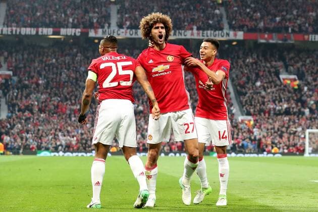 Football - 2016 2017 UEFA Europa League - Semi-Final, Second Leg: Manchester United ManU 1 vs. Celta Vigo 0 Marouane Fellaini of Manchester United celebrates scoring his sides first goal with Luis Antonio Valencia and Jesse Lingard. COLORSPORT LYNNE CAMERON 