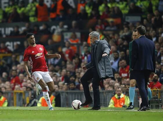 Jose Mourinho manager of Manchester United ManU back flicks the ball after it had gone out during the Europa League Semi Final 2nd Leg match at Old Trafford Stadium, Manchester. Picture date: May 11th 2017. Pic credit should read: Simon Bellis Sportimage EDITORIAL USE ONLY. No use with unauthorised audio, video, data, fixture lists, club league logos or live services. Online in-match use limited to 120 images, no video emulation. No use in betting, games or single club league player publications.