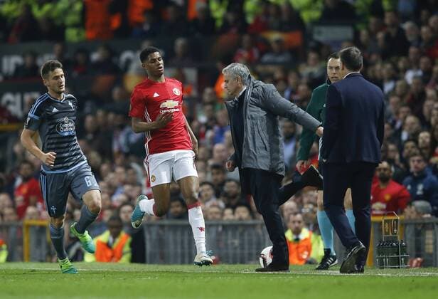 Jose Mourinho manager of Manchester United ManU back flicks the ball after it had gone out during the Europa League Semi Final 2nd Leg match at Old Trafford Stadium, Manchester. Picture date: May 11th 2017. Pic credit should read: Simon Bellis Sportimage EDITORIAL USE ONLY. No use with unauthorised audio, video, data, fixture lists, club league logos or live services. Online in-match use limited to 120 images, no video emulation. No use in betting, games or single club league player publications.