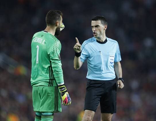 Sergio Alvarez of Celta Vigo gets warned by referee Ovidiu Hategan during the Europa League Semi Final 2nd Leg match at Old Trafford Stadium, Manchester. Picture date: May 11th 2017. Pic credit should read: Simon Bellis Sportimage EDITORIAL USE ONLY. No use with unauthorised audio, video, data, fixture lists, club league logos or live services. Online in-match use limited to 120 images, no video emulation. No use in betting, games or single club league player publications.