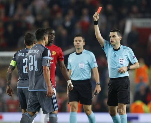 Red card for Eric Bailly of Manchester United ManU and Facundo Roncaglia of Celta Vigo during the Europa League Semi Final 2nd Leg match at Old Trafford Stadium, Manchester. Picture date: May 11th 2017. Pic credit should read: Simon Bellis Sportimage EDITORIAL USE ONLY. No use with unauthorised audio, video, data, fixture lists, club league logos or live services. Online in-match use limited to 120 images, no video emulation. No use in betting, games or single club league player publications.