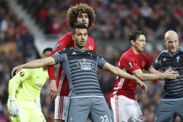 Fußball, EL, Manchester United - Celta de Vigo Partido de vuelta de semifinales de la Europa League disputado entre Manchester United ManU y Celta. En la imagen, Fellaini y Cabral. Second leg of the Europa League semifinals match played between Manchester United and Celta. In this picture, Fellaini and Cabral. xJORGExLANDINx 