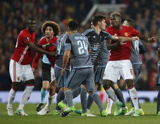 Fußball, EL, Manchester United - Celta de Vigo Eric Bailly of Manchester United ManU reacts to Facundo Roncaglia of Celta Vigo during the Europa League Semi Final 2nd Leg match at Old Trafford Stadium, Manchester. Picture date: May 11th 2017. Pic credit should read: Simon Bellis Sportimage EDITORIAL USE ONLY. No use with unauthorised audio, video, data, fixture lists, club league logos or live services. Online in-match use limited to 120 images, no video emulation. No use in betting, games or single club league player publications.