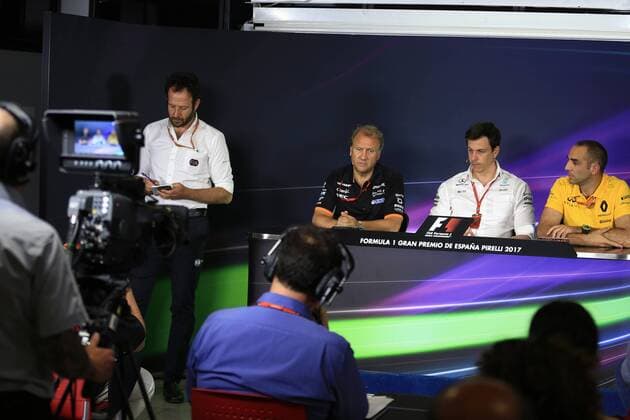 May 12th 2017, Circuit de Barcelona, Catalunya, Spain; Spanish Formula One Grand Prix; Friday Practice; Cyril Abiteboul - Managing Director of Renault Racing Formula 1 Team, Robert Fernley - Deputy Team Principal of Sahara Force India and Toto Wolff - Executive Director &amp; Head of Mercedes-Benz Motorsport xLeannexBoonx  ActionPlus11878400