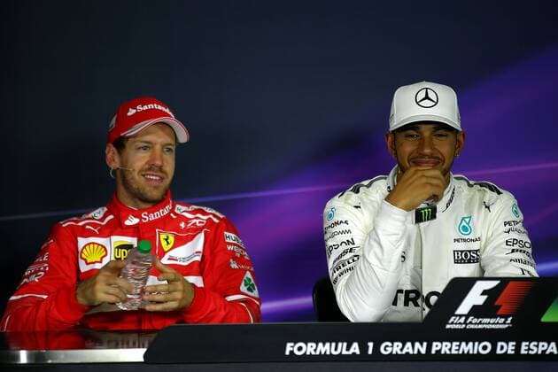 Spanish Grand Prix, Barcelona 11 - 14 May 2017 (L to R): Sebastian Vettel (GER) Ferrari and Lewis Hamilton (GBR) Mercedes AMG F1 in the FIA press conference PK Pressekonferenz 13.05.2017. 