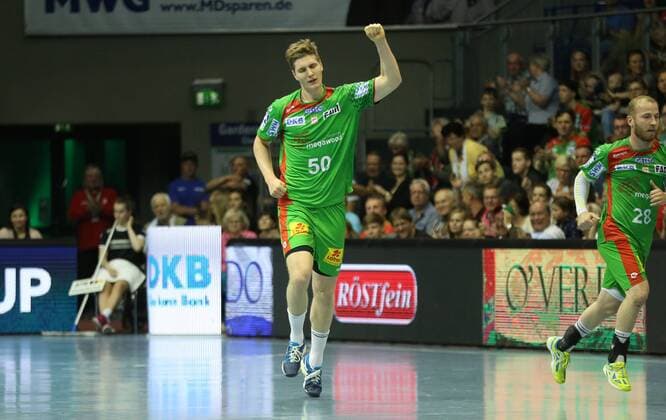14.05.2017, xcsx, Handball HBL, SC Magdeburg - HSC Coburg, emspor, v.l. Finn Lemke (SC Magdeburg) jubelt nach Torerfolg Magdeburg
