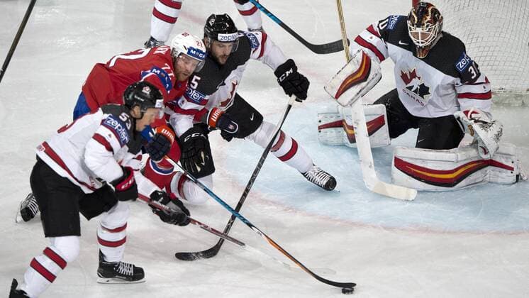 From left: Jeff Skinner of Canada, Martin Roymark of Norway, Jason Demers of Canada and goalkeeper of Canada Chad Johnson in action during the Ice hockey Eishockey World Championships group B match between Canada and Norway in the AccorHotels Arena in Paris, France, Monday, May 15, 2017. (CTKxPhoto MichalxKamaryt) CTKPhotoP201705150749901  kmt 1