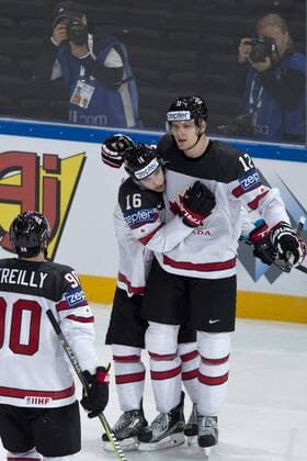 Colton Parayko of Canady (right) and his teammates Mitch Marner (centre) and Ryan O Reilly (left) celebrate a goal during the Ice hockey Eishockey World Championships group B match between Canada and Norway in the AccorHotels Arena in Paris, France, Monday, May 15, 2017. (CTKxPhoto MichalxKamaryt) CTKPhotoP201705150864801  kmt 10