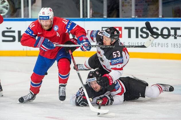 PARIS, FRANCE - MAY 15: 41 Patrick Thoresen (NOR) vies with 55 Mark Scheifele and 53 Jeff Skinner (CAN) during the Ice hockey Eishockey World Championship WM Weltmeisterschaft between Canada and Norway at AccorHotels Arena in Paris, France, on May 15, 2017. (Photo by Robert Hradil Icon Sportswire) HOCKEY: MAY 15 IIHF World Championship - Canada v Norway Icon1705150817 EDITORIAL USE ONLY