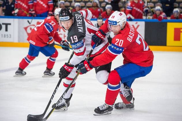 PARIS, FRANCE - MAY 15: 19 Mike Matheson (CAN) vies with 20 Anders Bastiansen (NOR) during the Ice hockey Eishockey World Championship WM Weltmeisterschaft between Canada and Norway at AccorHotels Arena in Paris, France, on May 15, 2017. (Photo by Robert Hradil Icon Sportswire) HOCKEY: MAY 15 IIHF World Championship - Canada v Norway Icon1705150917 EDITORIAL USE ONLY