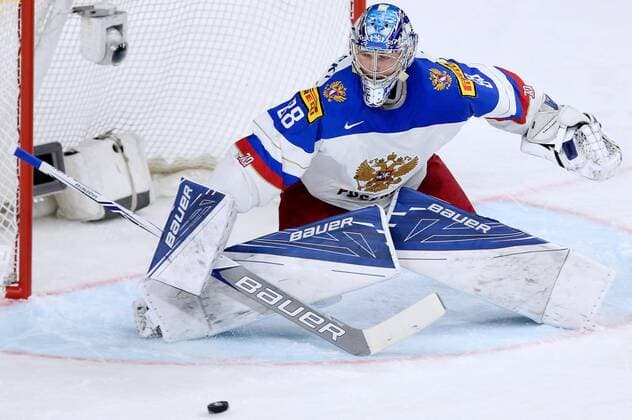 COLOGNE, GERMANY - MAY 20, 2017: Russia s goaltender Andrei Vasilevsky in their 2017 IIHF Ice hockey Eishockey World Championship WM Weltmeisterschaft semifinal match against Canada at Lanxess Arena. Anton Novoderezhkin TASS  TS04F6D6