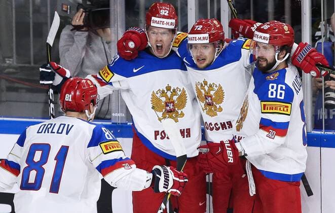 COLOGNE, GERMANY - MAY 20, 2017: Russia s Dmitry Orlov, Yevgeny Kuznetsov, Artemy Panarin, and Nikita Kucherov (L-R) celebrate a goal against Canada in their 2017 IIHF Ice hockey Eishockey World Championship WM Weltmeisterschaft semifinal match at Lanxess Arena. Anton Novoderezhkin TASS  TS04F6FE