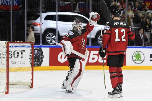 IIHF Eishockey-WM 2017 Canada vs Russia on 20.05.2017 at Lanxess Arena in Cologne Goalie Calvin Pickard ( 31 Team Canada) und Colton Parayko ( 12 Team Canada) jubeln ueber den Einzug ins Finale wd