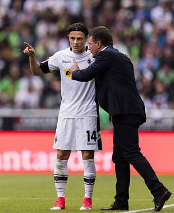 Mönchengladbach, 20.05.2017 Trainer Dieter Hecking (BMG) und Nico Schulz (BMG) - im Trikot für die Saison 2017 18 Borussia Mönchengladbach - SV Darmstadt