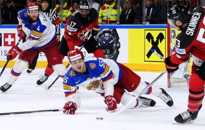 COLOGNE, GERMANY - MAY 20, 2017: Russia s Vladislav Gavrikov (L back), Bogdan Kiselevich (C front), and Canada s Jeff Skinner (R) and Wayne Simmonds (C back) in their 2017 IIHF Ice hockey Eishockey World Championship WM Weltmeisterschaft semifinal match at Lanxess Arena; Canada won 4-2. Alexander Demianchuk TASS  TS04F741