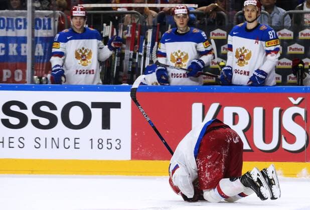 COLOGNE, GERMANY - MAY 20, 2017: Russia s Vladislav Gavrikov reacts in their 2017 IIHF Ice hockey Eishockey World Championship WM Weltmeisterschaft semifinal match against Canada at Lanxess Arena; Canada won 4-2. Alexander Demianchuk TASS  TS04F742