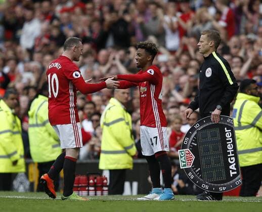 Wayne Rooney of Manchester United ManU is replaced by 16 year old Angel Gomes of Manchester United during the English Premier League match at the Old Trafford Stadium, Manchester. Picture date: May 21st 2017. Pic credit should read: Simon Bellis Sportimage EDITORIAL USE ONLY. No use with unauthorised audio, video, data, fixture lists, club league logos or live services. Online in-match use limited to 120 images, no video emulation. No use in betting, games or single club league player publications.