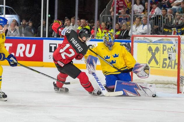 COLOGNE, GERMANY - MAY 21: 12 Colton Parayko (CAN) tries to score against 35 Goalie Henrik Lundqvist (SWE) during the Ice hockey Eishockey World Championship WM Weltmeisterschaft Gold medal game between Canada and Sweden at Lanxess Arena in Cologne, Germany, on May 21, 2017. (Photo by Robert Hradil Icon Sportswire) HOCKEY: MAY 21 IIHF World Championship Gold medal game - Canada v Sweden Icon1705210917 EDITORIAL USE ONLY