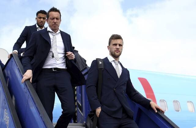 Previews - UEFA Europa League Final 170523 STOCKHOLM, SWEDEN - MAY 23: Joel Veltman of Ajax arrives with team mates ahead of the UEFA Europa League Final between Ajax and Manchester United ManU at Friends Arena on May 23, 2017 in Stockholm, Sweden. (Photo by Jan Kruger - UEFA) Local Caption Joel Veltman I denna handout-bild fran UEFA den 23 maj 2017 i Stockholm.  Copyright: JanxKrugerx-xUEFA BB170523BB211
