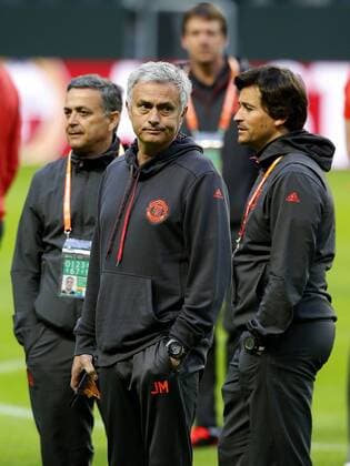 Manchester United ManU manager Jose Mourinho and his coaching staff take a walk around the pitch ahead of the UEFA Europa League Final at the Friends Arena, Stockholm. Picture date: May 23rd, 2017. Pic credit should read: Matt McNulty Sportimage EDITORIAL USE ONLY. No use with unauthorised audio, video, data, fixture lists, club league logos or live services. Online in-match use limited to 120 images, no video emulation. No use in betting, games or single club league player publications.