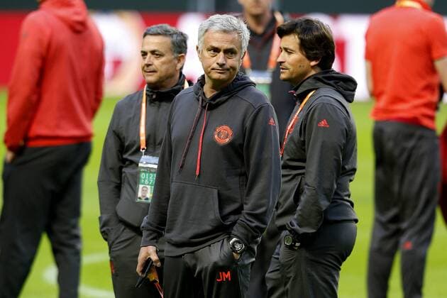Manchester United ManU manager Jose Mourinho and his coaching staff take a walk around the pitch ahead of the UEFA Europa League Final at the Friends Arena, Stockholm. Picture date: May 23rd, 2017. Pic credit should read: Matt McNulty Sportimage EDITORIAL USE ONLY. No use with unauthorised audio, video, data, fixture lists, club league logos or live services. Online in-match use limited to 120 images, no video emulation. No use in betting, games or single club league player publications.