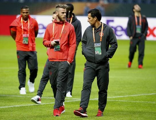 David De Gea of Manchester United ManU talks with Emilio Alvarez ahead of the UEFA Europa League Final at the Friends Arena, Stockholm. Picture date: May 23rd, 2017. Pic credit should read: Matt McNulty Sportimage EDITORIAL USE ONLY. No use with unauthorised audio, video, data, fixture lists, club league logos or live services. Online in-match use limited to 120 images, no video emulation. No use in betting, games or single club league player publications.