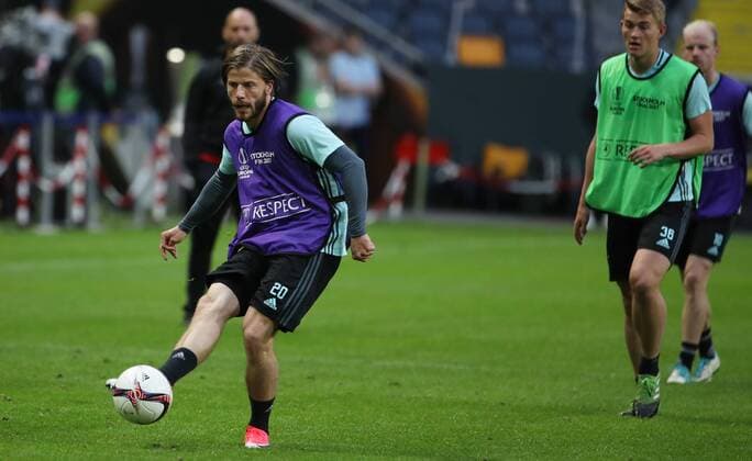 SOCCER - UEFA EL, Ajax vs Manchester SOLNA,SWEDEN,23.MAY.17 - SOCCER - UEFA Europa League, final, Ajax Amsterdam vs Manchester United ManU preview, final training Ajax. Image shows Lasse Schoene (Ajax). GEPAxpictures xAndreasxPranter