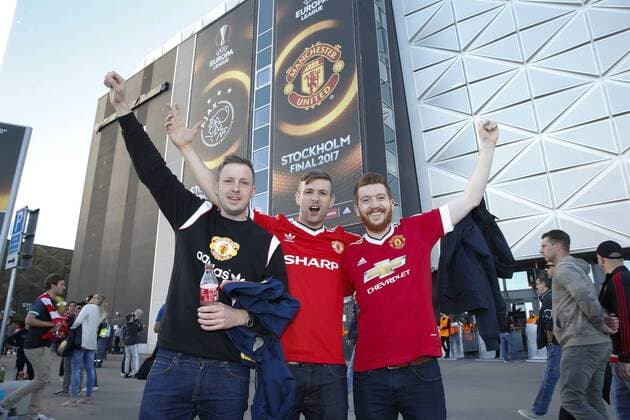 Manchester United ManU fans arrive at the stadium during the UEFA Europa League Final match at the Friends Arena, Stockholm. Picture date: May 24th, 2017.Picture credit should read: Matt McNulty Sportimage EDITORIAL USE ONLY. No use with unauthorised audio, video, data, fixture lists, club league logos or live services. Online in-match use limited to 120 images, no video emulation. No use in betting, games or single club league player publications.