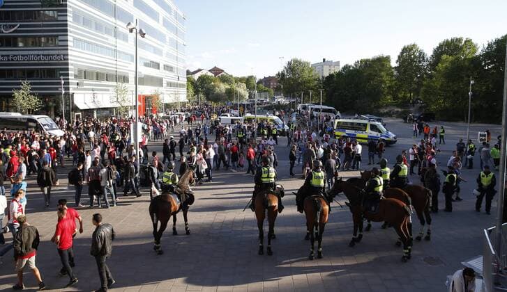 Mounted Police on show as fans start to arrive during the UEFA Europa League Final match at the Friends Arena, Stockholm. Picture date: May 24th, 2017.Picture credit should read: Matt McNulty Sportimage EDITORIAL USE ONLY. No use with unauthorised audio, video, data, fixture lists, club league logos or live services. Online in-match use limited to 120 images, no video emulation. No use in betting, games or single club league player publications.