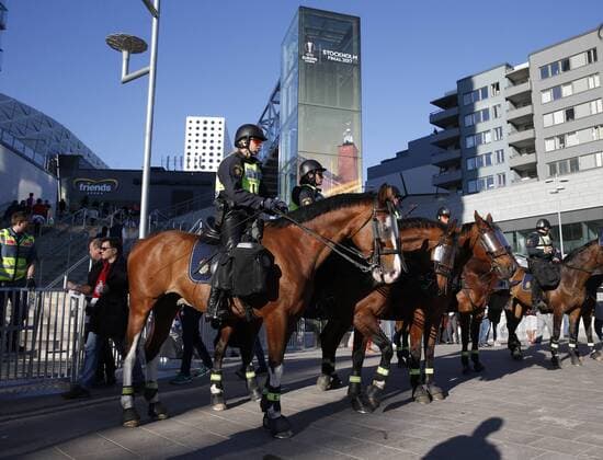 Police form a cordon as fans arrive during the UEFA Europa League Final match at the Friends Arena, Stockholm. Picture date: May 24th, 2017.Picture credit should read: Matt McNulty Sportimage EDITORIAL USE ONLY. No use with unauthorised audio, video, data, fixture lists, club league logos or live services. Online in-match use limited to 120 images, no video emulation. No use in betting, games or single club league player publications.