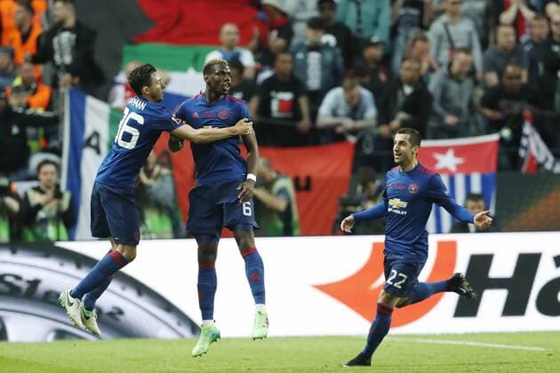 Paul Pogba of Manchester United ManU Daley Blind of Manchester United, Henrikh Mkhitaryan of Manchester Unitedduring the UEFA Europa League final match between Ajax Amsterdam and Manchester United at the Friends Arena on May 24, 2017 in Stockholm, Sweden Ajax v Manchester United UEFA Europa League 2016 2017 xVIxVIxImagesx xMauricexvanxSteenxIVx 7861530