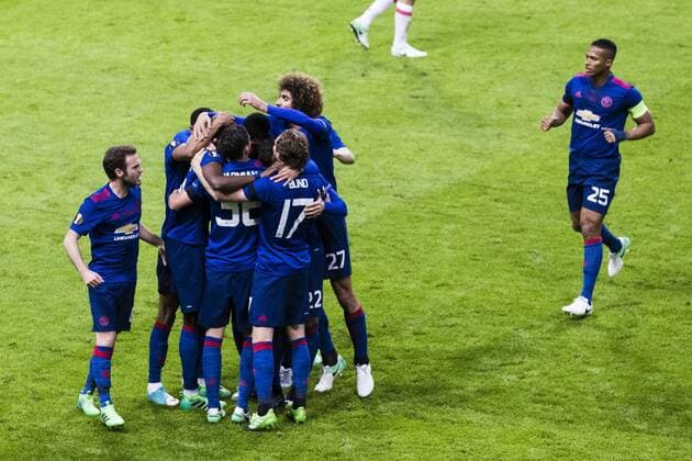 170524 Manchester Uniteds spelare jublar efter att Paul Pogba gjort (ej i bild) 0-1 under finalen i Europa League mellan Ajax och Manchester United ManU den 24 maj 2017 i Stockholm.  Copyright: ANDREASxLxERIKSSON BB170524AE054