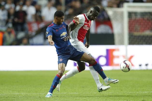 (L-R) Marcus Rashford of Manchester United ManU Davinson Sanchez of Ajaxduring the UEFA Europa League final match between Ajax Amsterdam and Manchester United at the Friends Arena on May 24, 2017 in Stockholm, Sweden Ajax v Manchester United UEFA Europa League 2016 2017 xVIxVIxImagesx xMauricexvanxSteenxIVx 7861720