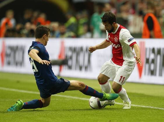 Ander Herrera of Manchester United ManU tackles Amin Younes of Ajax during the UEFA Europa League Final match at the Friends Arena, Stockholm. Picture date: May 24th, 2017.Picture credit should read: Matt McNulty Sportimage EDITORIAL USE ONLY. No use with unauthorised audio, video, data, fixture lists, club league logos or live services. Online in-match use limited to 120 images, no video emulation. No use in betting, games or single club league player publications.