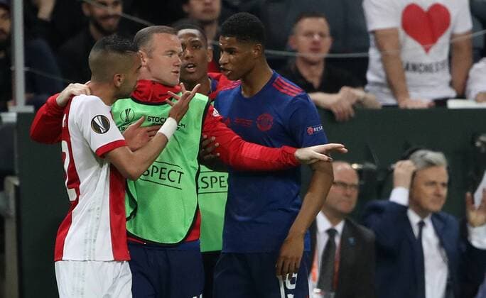 SOCCER - UEFA EL, Ajax vs Manchester SOLNA,SWEDEN,24.MAY.17 - SOCCER - UEFA Europa League, final, Ajax Amsterdam vs Manchester United ManU Image shows Hakim Ziyech (Ajax), Wayne Rooney and Marcus Rashford (Manchester). GEPAxpictures xAndreasxPranter