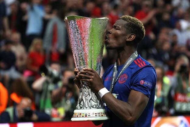 SOCCER - UEFA EL, Ajax vs Manchester SOLNA,SWEDEN,24.MAY.17 - SOCCER - UEFA Europa League, final, Ajax Amsterdam vs Manchester United ManU Image shows the rejoicing of Paul Pogba (Manchester). Keywords: trophy. GEPAxpictures xAndreasxPranter
