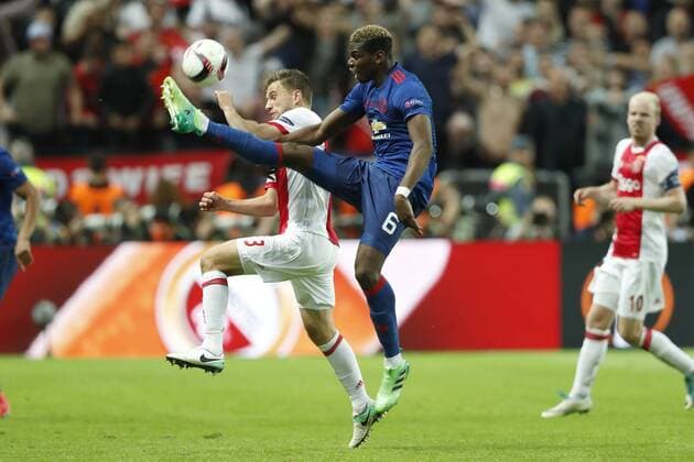 (L-R) Joel Veltman of Ajax, Paul Pogba of Manchester United ManU Davy Klaassen of Ajaxduring the UEFA Europa League final match between Ajax Amsterdam and Manchester United at the Friends Arena on May 24, 2017 in Stockholm, Sweden Ajax v Manchester United UEFA Europa League 2016 2017 xVIxVIxImagesx xMauricexvanxSteenxIVx 7862674