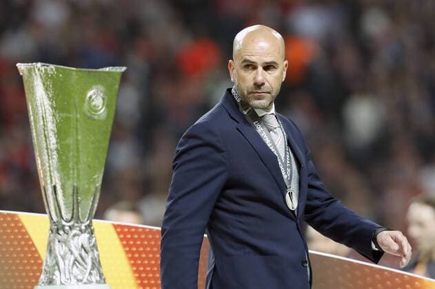 coach Peter Bosz of Ajax is looking to the Coupe UEFA, the UEFA cupduring the UEFA Europa League final match between Ajax Amsterdam and Manchester United ManU at the Friends Arena on May 24, 2017 in Stockholm, Sweden Ajax v Manchester United UEFA Europa League 2016 2017 xVIxVIxImagesx xMauricexvanxSteenxIVx 7862679