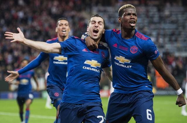 170524 Manchester Uniteds Henrikh Mkhitaryan jublar med Paul Pogba efter 0-2 under finalen i Europa League mellan Ajax och Manchester United ManU den 24 maj 2017 i Stockholm.  Copyright: JOHANNAxLUNDBERG BB170524JL028