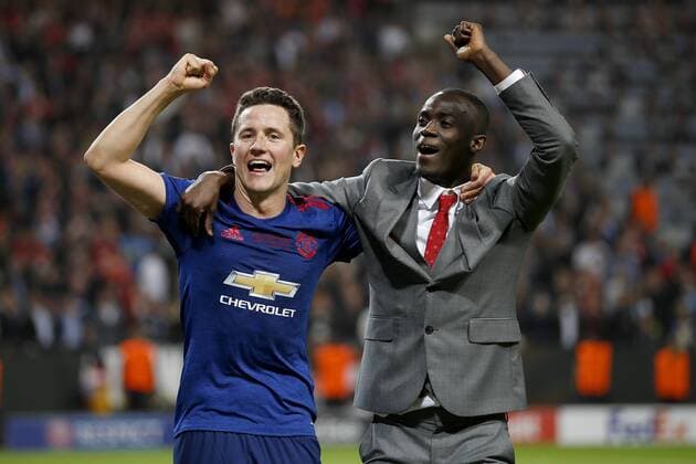 Ander Herrera of Manchester United ManU celebrates with Eric Bailly after the UEFA Europa League Final match at the Friends Arena, Stockholm. Picture date: May 24th, 2017.Picture credit should read: Matt McNulty Sportimage EDITORIAL USE ONLY. No use with unauthorised audio, video, data, fixture lists, club league logos or live services. Online in-match use limited to 120 images, no video emulation. No use in betting, games or single club league player publications.