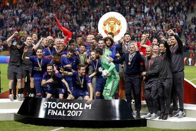 Manchester United ManU players and staff celebrate after the UEFA Europa League Final match at the Friends Arena, Stockholm. Picture date: May 24th, 2017.Picture credit should read: Matt McNulty Sportimage EDITORIAL USE ONLY. No use with unauthorised audio, video, data, fixture lists, club league logos or live services. Online in-match use limited to 120 images, no video emulation. No use in betting, games or single club league player publications.