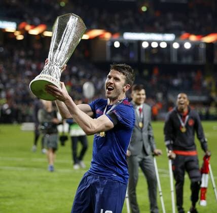 Michael Carrick of Manchester United ManU celebrates with the trophy after the UEFA Europa League Final match at the Friends Arena, Stockholm. Picture date: May 24th, 2017.Picture credit should read: Matt McNulty Sportimage EDITORIAL USE ONLY. No use with unauthorised audio, video, data, fixture lists, club league logos or live services. Online in-match use limited to 120 images, no video emulation. No use in betting, games or single club league player publications.