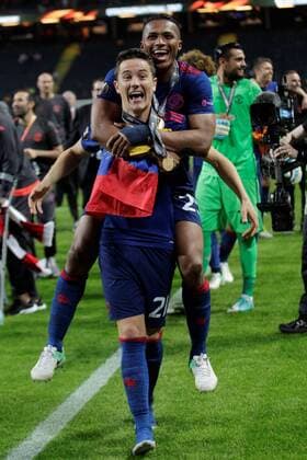 May 24th 2017, Friends Arena, Stockholm, Sweden; UEFA Europa League Cup Final, Manchester United ManU versus Ajax Amsterdam; Ander Herrera and Enner Valencia celebrate their victory xLaurentxLairysx  ActionPlus11883241