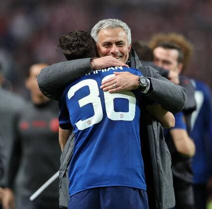 May 24, 2017 - Stockholm, Sweden - Jose Mourinho, Manager of Manchester United ManU celebrates with Matteo Darmian of Manchester United following victory in the UEFA Europa League Final between Ajax and Manchester United at Friends Arena on May 24, 2017 in Stockholm, Sweden. Ajax v Manchester United - UEFA Europa League Final  - ZUMAn230 20170524_zaa_n230_377 Copyright: xRaddadxJebarahx