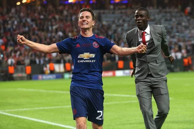 24.05.2017, Friends Arena, Solna, SWE, UEFA EL, Ajax Amsterdam vs Manchester United ManU Finale, im Bild Ander Herrera of Manchester United and Eric Bailly of Manchester United celebrate victory Ander Herrera of Manchester United and Eric Bailly of Manchester United celebrate victory during the Final Match of the UEFA Europaleague between Ajax Amsterdam and Manchester United at the Friends Arena in Solna, Sweden on 2017 05 24. Solna  EP_fil  