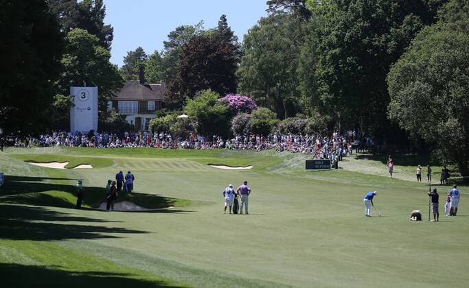 May 26th 2017, Virginia Water, Wentworth, Surrey, England; BMW PGA Golf Herren Championship golf, day 2; The third green bathed in sunshine as the players approach xDavidxKissmanx  ActionPlus11883574